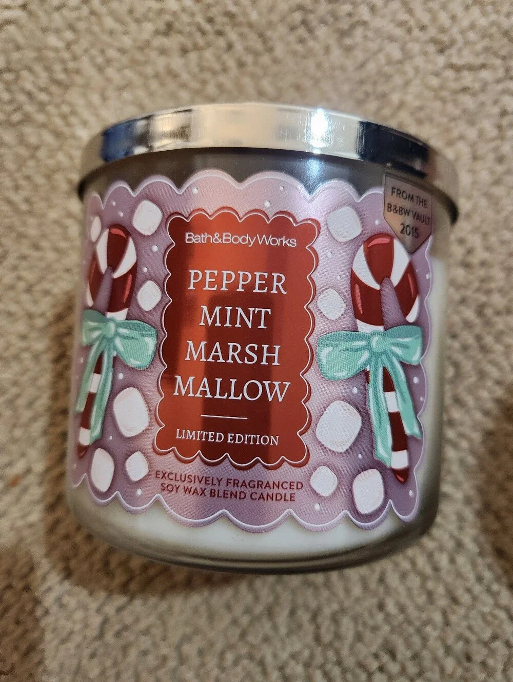 Bath & Body Works 3 Wick Pepper Mint Marshmallow Scented Candle - Pink